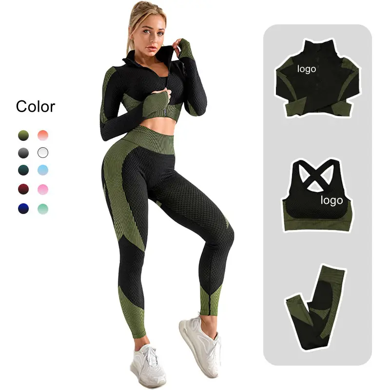 Women 3pcs Long Sleeve Zipper Crop Top Workout Clothing Gym Outfit Yoga Suit Active Wear Set For Women