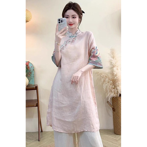 Traditional Chinese Style Embroidered Linen Dress Women Mid Length Light Pink With Floral Pattern Summer Wear - Product Image 4