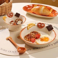 Bol en porcelaine à motifs dessinés à la main sous glaçure, vaisselle à pain, tasse à café en relief avec soucoupe et assiette, compatible micro-ondes