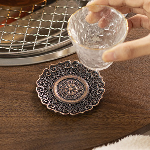 Posavasos retro de metal calado con diseño de loto, tapete redondo de cobre para té, aislante del calor, para ceremonia del té, uso doméstico, duradero - Product Image 3