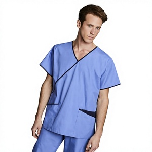 Conjunto de uniforme médico azul con cuello en V para mujer, de poliéster tejido, blusas y camisas para hospital con detección de agujas, fusión sin costuras - Product Image 4