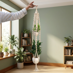 Support de plante suspendu rond réglable en macramé de coton bohème, porte-pot floral perlé pour intérieur - Product Image 2