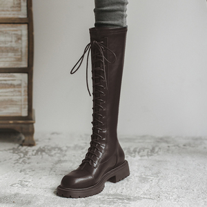 Nuovo arrivo moda bianco nero marrone inverno Lady Boot in pelle tacchi bassi Flat Lace Up <span class=keywords><strong>stivali</strong></span> lunghi al ginocchio da donna per le signore - Product Image 5