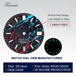 Cadran de montre personnalisé en fibre de carbone de 28,5 mm, encre colorée bleue, cadran lumineux pour mouvement NH35 NH36 - Product Image 1