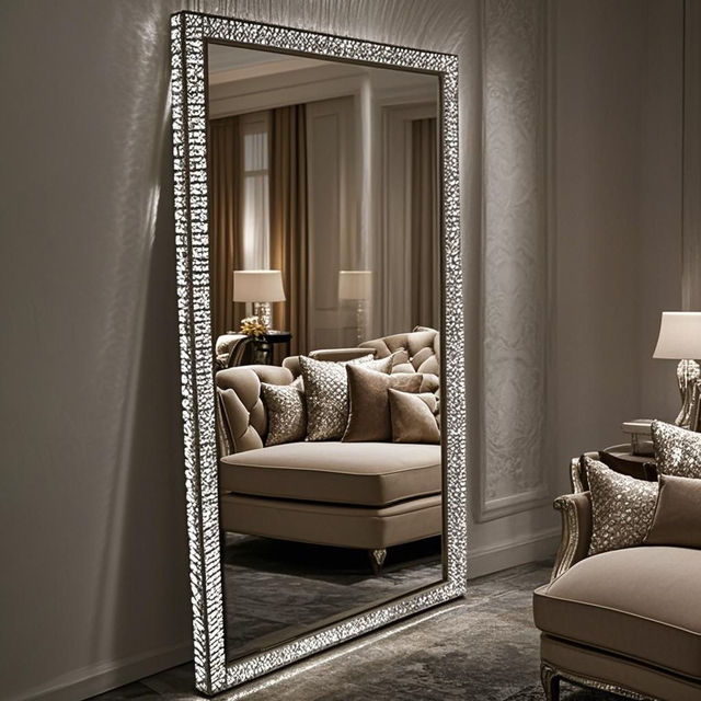 Oversized Standing Floor Mirror Diamond Crystal LED Lights Diamond Material Anti-explosion Metal Framed Full Body Mirror