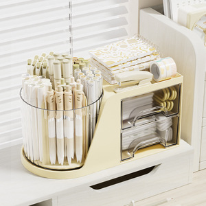 <b>Rotating</b> Pen Holder With Drawers Desktop Storage Box For Makeup Brushes And Cosmetics Organizer <b>Desk</b> Shelf - Product Image 1