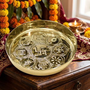 Plateau de prière Pooja en laiton écologique fait main, décoratif, avec symboles religieux hindous sacrés, pour la prière moderne indienne et le temple domestique - Product Image 5