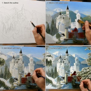 Peinture à l'huile paysagère artisanale de prestige, réaliste, sur le thème du Château de Neuschwanstein en <span class=keywords><strong>hiver</strong></span>, pour <span class=keywords><strong>d</strong></span>écoration murale de villa - Product Image 2