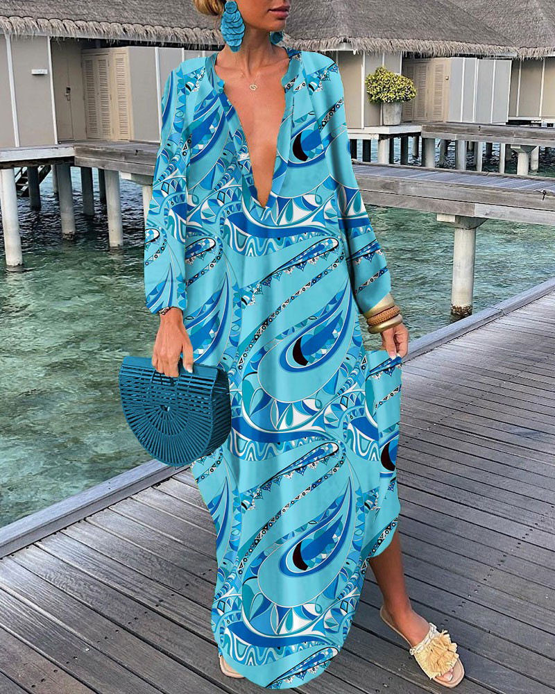 New Arrival Casual Floral Print Deep V-Neck Long Dress Autumn Long Sleeve Casual Dresses Women Shirt Dress
