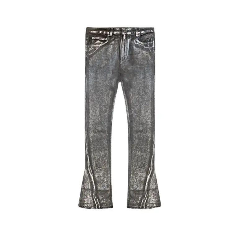 LILUO grey vintage regular fit men wax coated jeans customized detail design men trousers skinny waxed denim jeans men