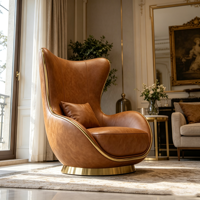 Fauteuil d'appoint pivotant marron à dossier haut avec base en métal doré, fauteuil de salon rembourré résistant à l'usure pour villa, hôtel, hall d'entrée