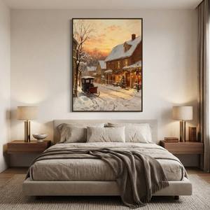 Dipinto a Olio 100% Fatto a Mano, Paesaggio Invernale con Villaggio Innevato, Texture Ricca, Arte Moderna su Tela con Cornice in Legno per Arredamento Casa - Product Image 1