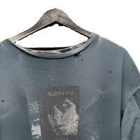 Gewassen grijs oversized T-shirt met distressed print, zwaar katoen, unisex, retro rock stijl