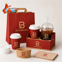 Ensemble de gobelets à café en papier rouge avec logo personnalisé, manchon pour gobelet chaud ou froid, plateau porte-gobelets, sac en kraft, serviette, emballage de marque pour café à emporter