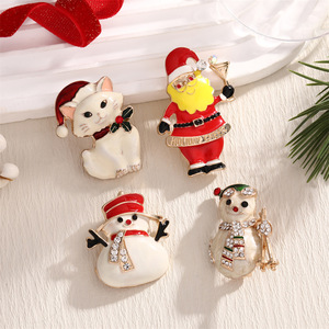 Broches de Noël en alliage de zinc avec strass, motifs Père Noël, chat, bonhomme de neige, sapin, bijoux unisexes pour les fêtes - Product Image 3