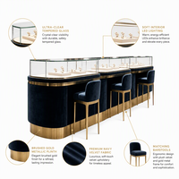 Comptoir de présentation de bijoux noir sur mesure avec dessus en verre, bordure dorée et tiroirs pour la vente en gros aux bijouteries