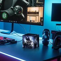 Reloj de Escritorio Digital con Espejo LED, Cubo de Madera, Alarma Nocturna Electrónica a Pilas, Decoración de Mesa de Juego con Patrón Personalizado