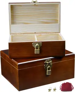 Wooden Storage Box Decorative Boxes with Lock and Keys Set of 2 Large Wood Keepsake Box Case with Hinged Lids Memory Gift