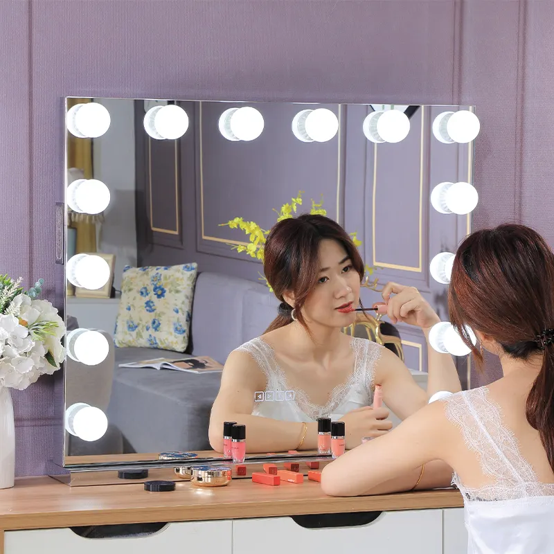 Voorraad In Ons! Heet Verkoop 15 Bollen Vierkante Hollywood Make-Up Make-Up Spiegel Met Led Dimmer Functie