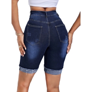 Pantalon midi en denim extensible à taille haute et double boutonnage, style cycliste pour femme, tendance - Product Image 6