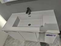 WJL Nouveau design moderne, meuble-lavabo mural en céramique anti-humidité avec vasque, armoire de salle de bain éclairée et miroir anti-buée avec portes