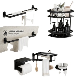 Étagère de salle de bain murale en fer noir avec barre porte-serviettes et crochets, un seul niveau, finition thermolaquée, design minimaliste - Product Image 3