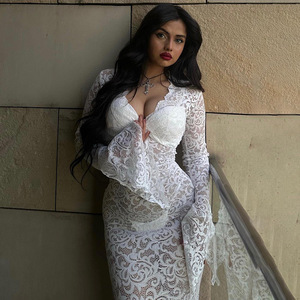 Vestido Largo Transparente de Verano con Parches, Cuello en V, Manga Acampanada, Translúcido, para Eventos Nocturnos, Cintura Natural, Manga Larga - Product Image 1