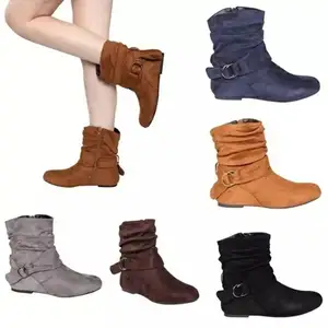 Botas clásicas de invierno con logotipo personalizado para mujer, botas tobilleras de tacón plano de ante de cabeza redonda, botas de Invierno para mujer, botas para niñas