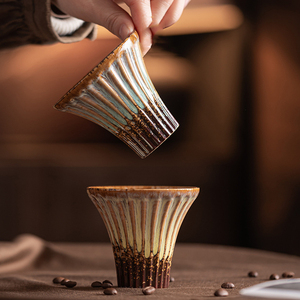 Hot Selling Vertical Striped Ceramic Espresso Coffee Cup Kiln Glazed Porcelain Tea Cup - Product Image 1