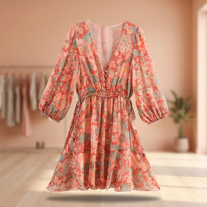 Autumn Vintage Casual Women's Flower Print Buttoned V-neck <b>Lantern</b> Sleeve <b>Mini</b> Dress - Product Image 3