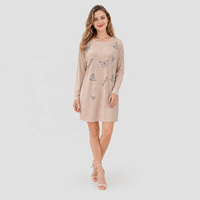Robe Tunique Courte Décontractée Ample à Col Rond et Manches Longues Côtelées avec Imprimé Papillon en Strass pour Femme – Vente en Gros