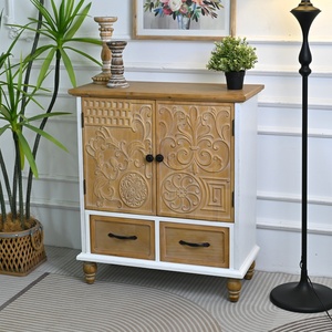 Kitchen Living Room <b>Rustic</b> Handmade Distressed 31.5" Accent Solid Wooden Flower Carved Door <b>Sideboard</b> Cabinet with 2 Drawers - Product Image 1