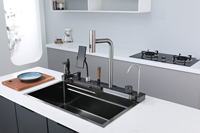 Robinet de cuisine moderne à poser sur le comptoir, mitigeur chaud/froid en acier inoxydable, évier rectangulaire multifonction avec affichage numérique et égouttoir