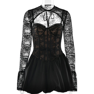 Sexy Lace Long Sleeve <b>Corset</b> Dress With Sheer Layer A Line Skirt For Evening Wear - Product Image 5