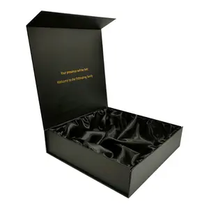 Caja de pelucas de lujo con logotipo personalizado, pañuelo de maquillaje de pelo humano satinado, caja de cartón magnética con tapa, embalaje de belleza con cinta y seda