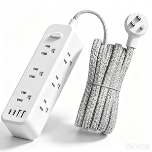 Multiprise américaine avec protection contre les surtensions, 6 prises AC, 2 ports USB Type C, 10A 125V, cordon tressé pour la maison et le bureau - Product Image 1