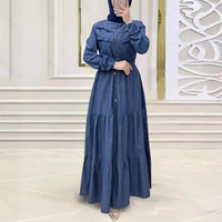 Robe musulmane HANO pour femme, couleur unie, longue, élégante, à la mode, avec manches portefeuille et taille cintrée, style cowboy, pour l'Aïd au Moyen-Orient