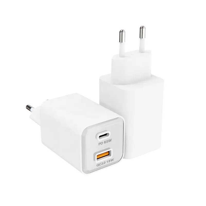 GaN two Ports 65W Mobile Cell Phone Fast Travel Charger USB Type C PD Wall Charger With CE CCC Certified