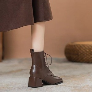 2026 New Chunky Heel <b>Boots</b> for Women Square Toe Ankle <b>Boots</b> Lace-Up Height Increasing Short <b>Boots</b> British Style - Product Image 3