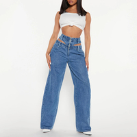 Celana Jeans Wanita Model Streetwear Seksi, Bahan Bernapas, Pinggang Tinggi, Longgar, Warna Terang/Gelap, Aksen Cut Out di Pinggang, Potongan Lurus