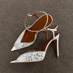 <b>Large</b> Size 45 Women Peep Toe Sandals Dress Lace Stiletto Shoes High Slim Heels Ankle Strap Rhinestone Wide Fit Pumps - Product Image 1