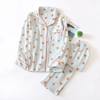 Ensemble de pyjama en coton tricoté crêpe pour femmes, long, à porter à l'extérieur, avec un petit imprimé orange, style décontracté sexy pour la maison