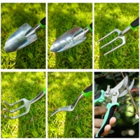 Mini kit d'outils de jardinage manuels en acier inoxydable et plastique avec fourche, pelle, bêche, râteau - Kit de jardinage extérieur durable