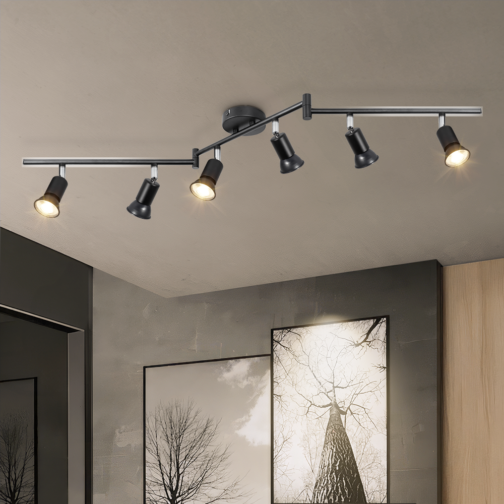 Modern Industrial Matte Black 6-Way GU10 Ceiling Spot Light Flexible Rotatable Track Lighting Kit Surface Mounted Iron Base