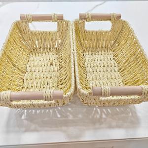 Panier de rangement tissé à la main, rectangulaire, avec poignées en bois, pour fruits, œufs, organisation du bureau - Product Image 4