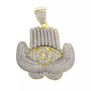 Hip Hop Style Custom Jewellery Supplies Charms Iced Cz Diamond Men 925 Sterling Silver Eye Hamsa Hand Pendant Necklace