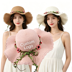 Chapeau de soleil en paille à large bord avec logo personnalisé, motif floral pour enfants, protection UV, idéal pour les vacances à la plage, vente en gros - Product Image 6