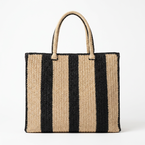 Bolso de Rafia a Rayas Tejido a Crochet, Estilo Bohemio para Mujer, Abierto, Resistente, de Uso Diario, con Dos Asas y Patrón de Rayas - Product Image 2