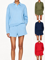 Ensemble de survêtement 2 pièces pour femme : Sweat-shirt à col polo, 2 boutons, manches longues et short à cordon de serrage à ourlet brut