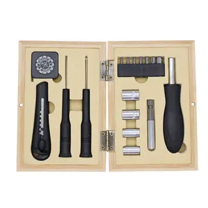 High Quality 20pcs Tool Set In Bamboo Case With EVA Utility Knife And 1/4"Socket 7-8-9-10 MM Combined Hardware Fitting Factory